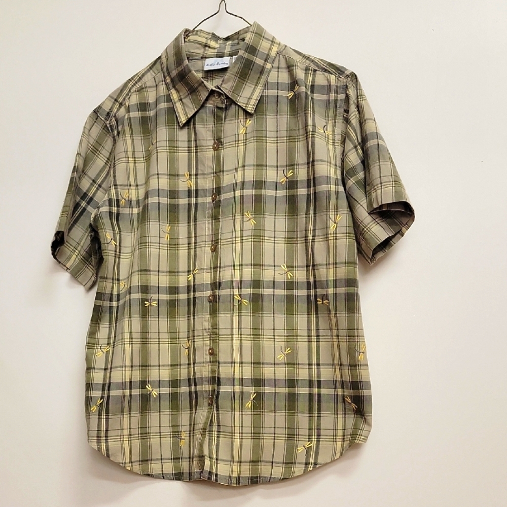 Y2K Bobbie Brooks Green and Yellow Embroidered Dragonflies Shirt M Cotton Button
